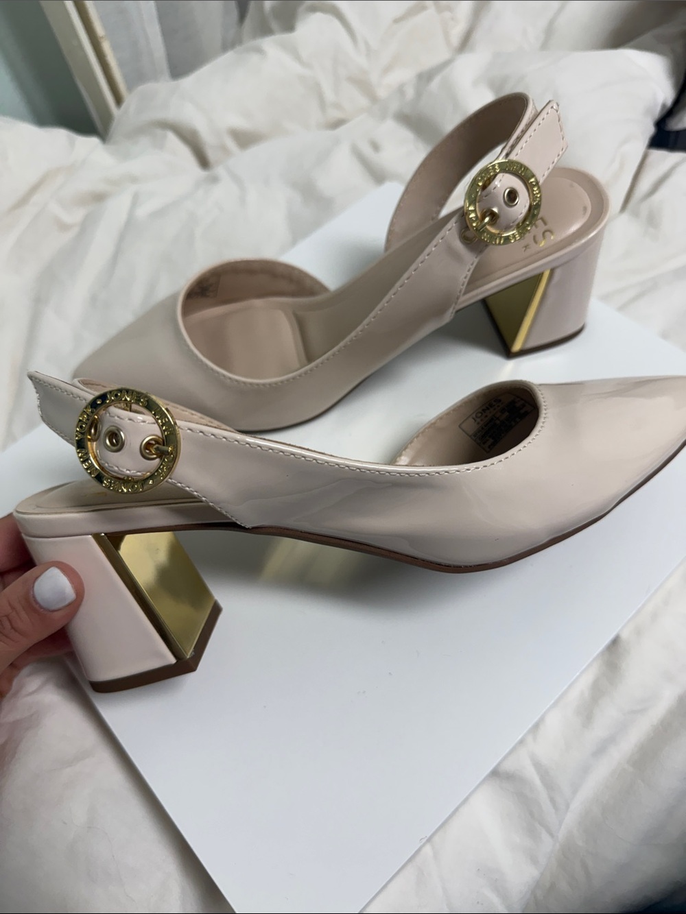 Jones New York Blush Patent Slingback Pumps with Gold Accent Candree Style